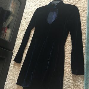 High neck, velvet navy skater dress